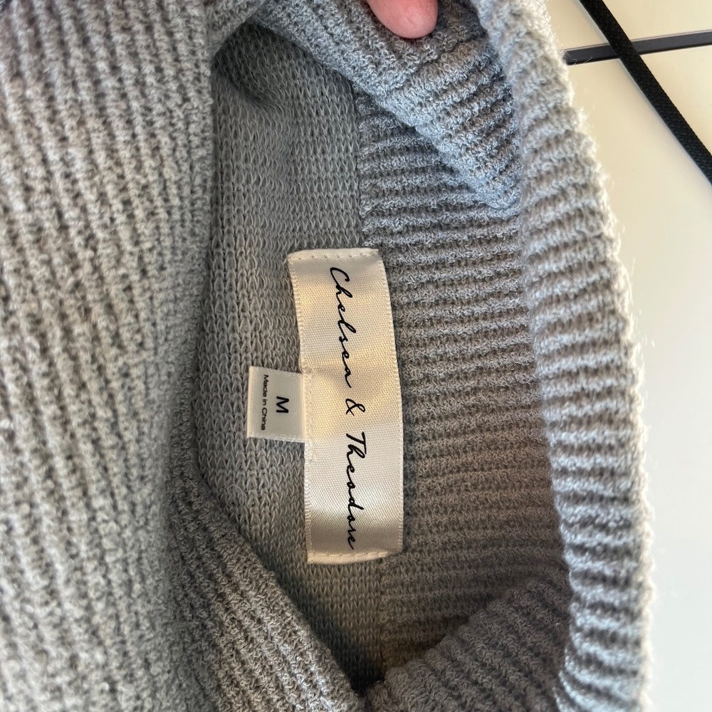 Chelsea and Theodore turtleneck sweater, blue grey